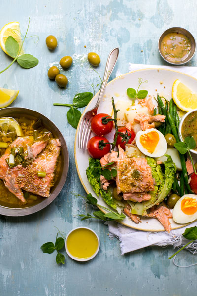Nicoise Salad, with poached Salmon and Sweet Mustard Dressing